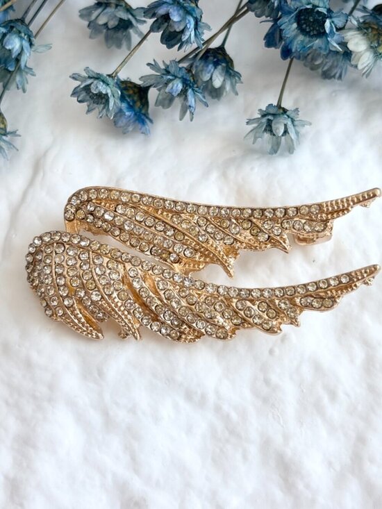 Jewelry - Double Angel Wing Gold Toned Rhinestone Textured Vintage Inspried Brooch Pin